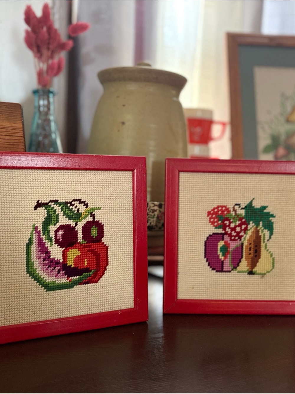 Set of 2 Framed Fruit Cross-Stitch Art in Red Frames